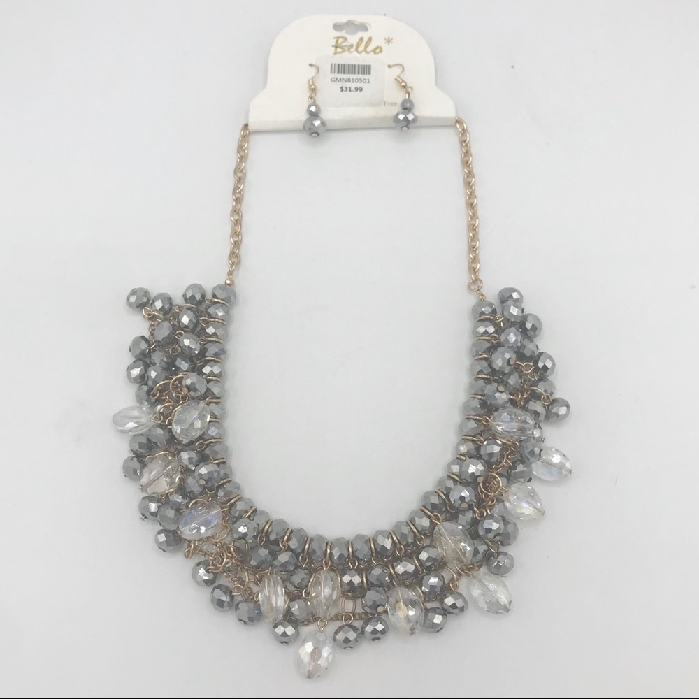 Bello Silver & Gold Tone Layered Beaded Iridescent Necklace & Earrings Set NWT